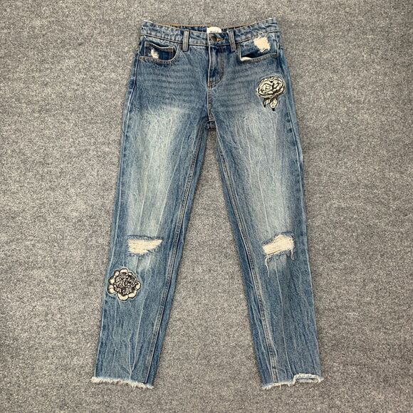 RVCA Jean Women 25 Indigo Worn Kewl Kid Anp Denim Boyfriend Embroidered Rip Knee - Picture 2 of 15